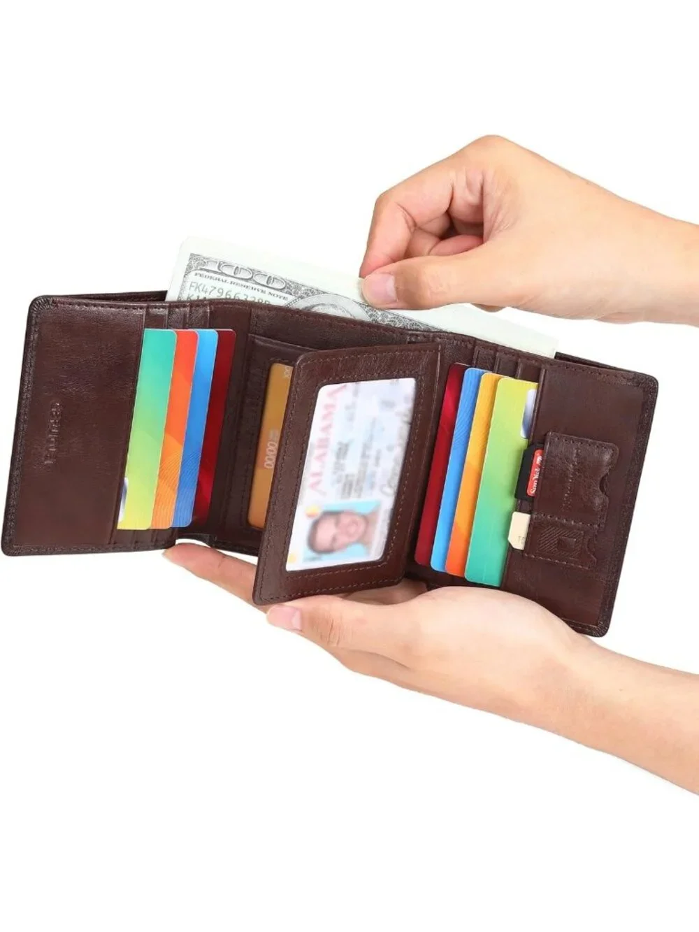 Genuine Leather Trifold Wallet for Men, RFID Blocking, Large Capacity, ID & Card